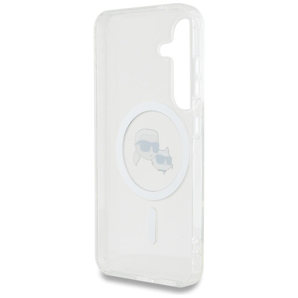 Karl Lagerfeld Samsung Galaxy S25 - Button Karl and Choupette Heads Printed Logo - MagSafe Σκληρή Θήκη με Πλαίσιο Σιλικόνης - White - KLHMS25SHLSKCH