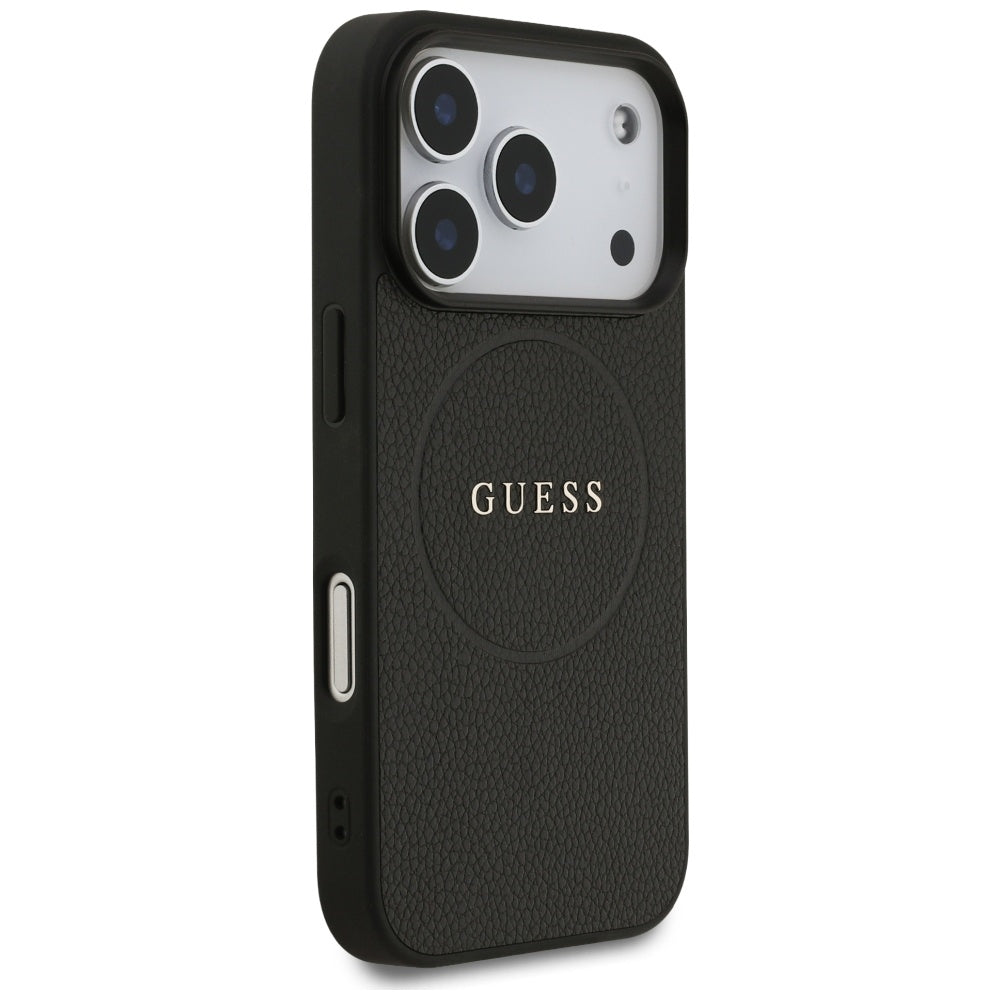 Guess iPhone 17 Pro - Grained Ring MagSafe - Σκληρή Θήκη με Πλαίσιο Σιλικόνης και Οικολογικό Δέρμα - Black - GUHMP17LPGHSMMK