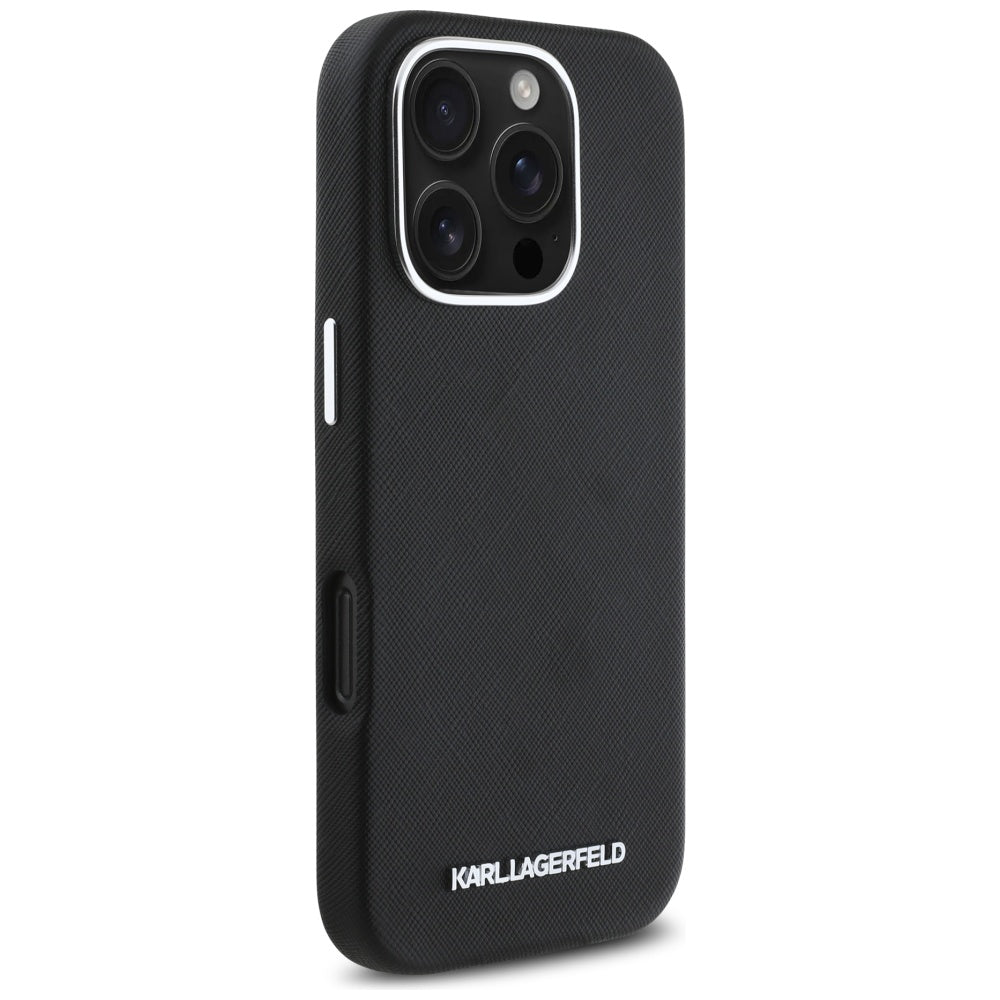 Karl Lagerfeld iPhone 16 Pro Max - Saffiano Full Wrapped Elongated Metal Logo - MagSafe Σκληρή Θήκη με Επένδυση Συνθετικού Δέρματος και Πλαίσιο Σιλικόνης - Black - KLHMP16XPSAFWMCK