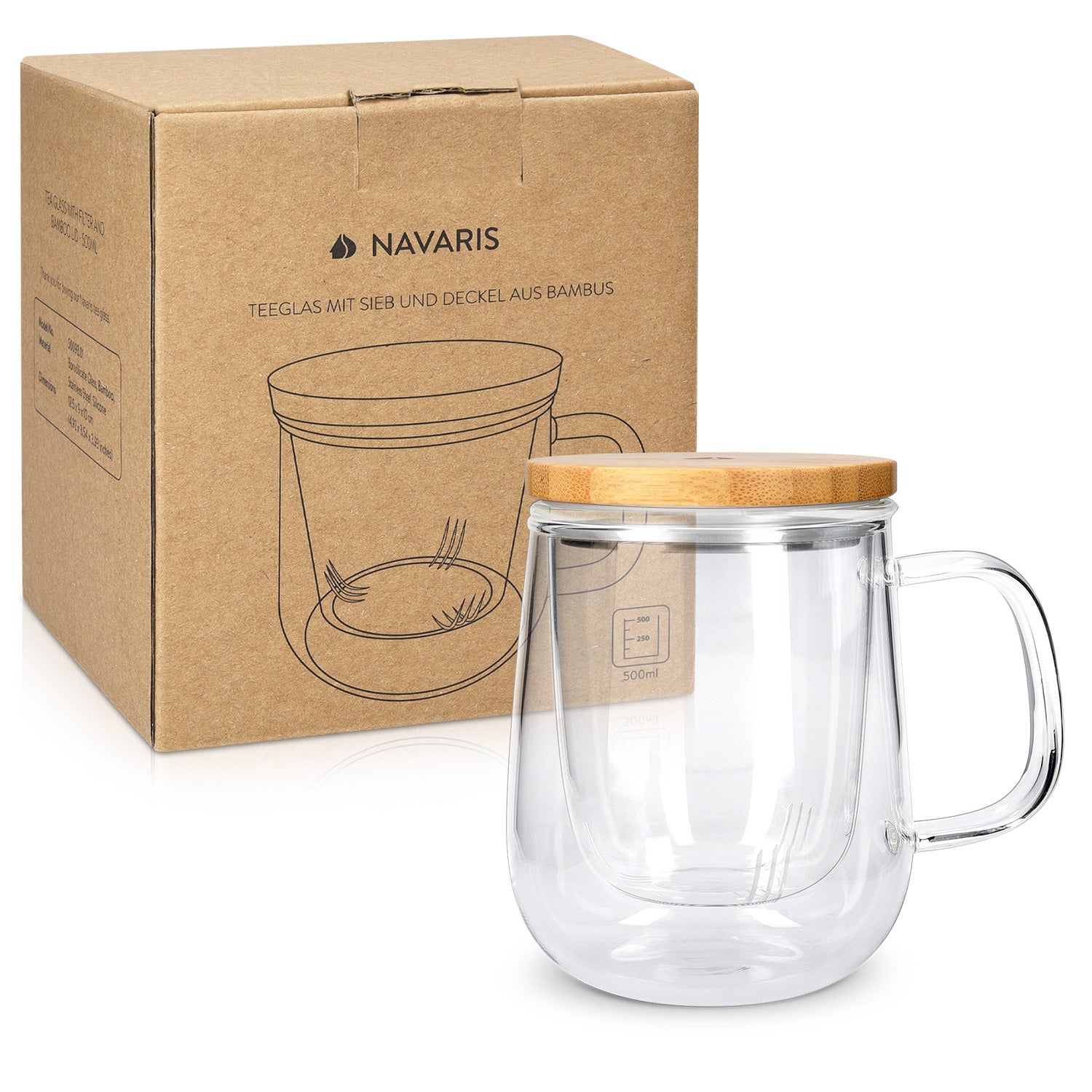 Navaris Tea Mug with Infuser and Bamboo Lid Κούπα για Τσάι με Καπάκι από Μπαμπού - 500ml - Clear - 50093.01