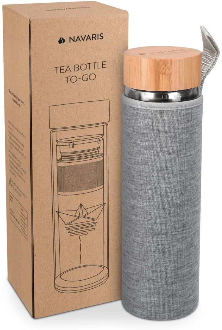 Navaris Γυάλινο Μπουκάλι Τσαγιού με Θήκη μεταφοράς - 500ml - Design Paper Boat - Clear - 45888.2.02