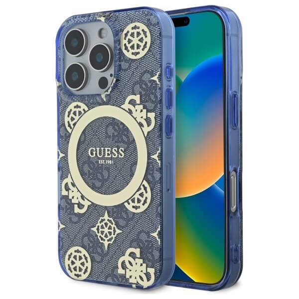Guess iPhone 16 Pro - IML Peony On 4G Background MagSafe - Θήκη με Επένδυση Συνθετικού Δέρματος - Blue - GUHMP16LH4PYEEB