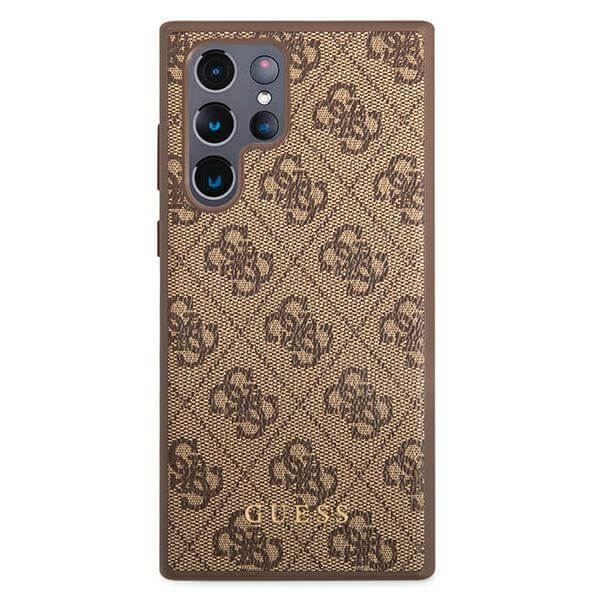 Guess Samsung Galaxy S22 Ultra - 4G Metal Gold Logo Σκληρή Θήκη με Επένδυση Συνθετικού Δέρματος - Brown - GUHCS22LG4GFBR