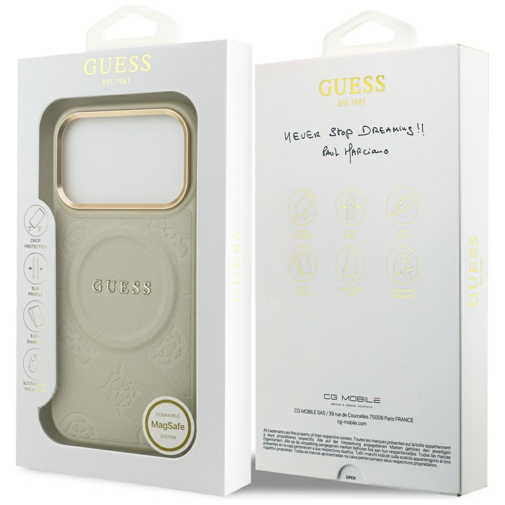 Guess iPhone 17 Pro - Peony Hot Stamp MagSafe - Σκληρή Θήκη με Επένδυση Συνθετικού Δέρματος - Beige - GUHMP17LPSAMSECE