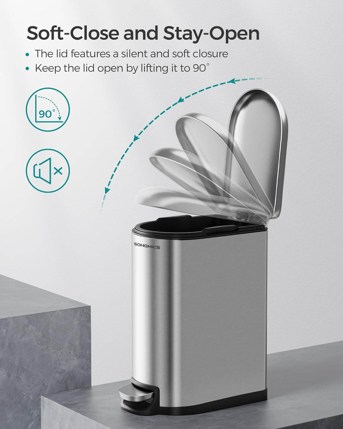 Songmics Κάδος Απορριμμάτων για το Μπάνιο - 10L - Silver - LTB10NL