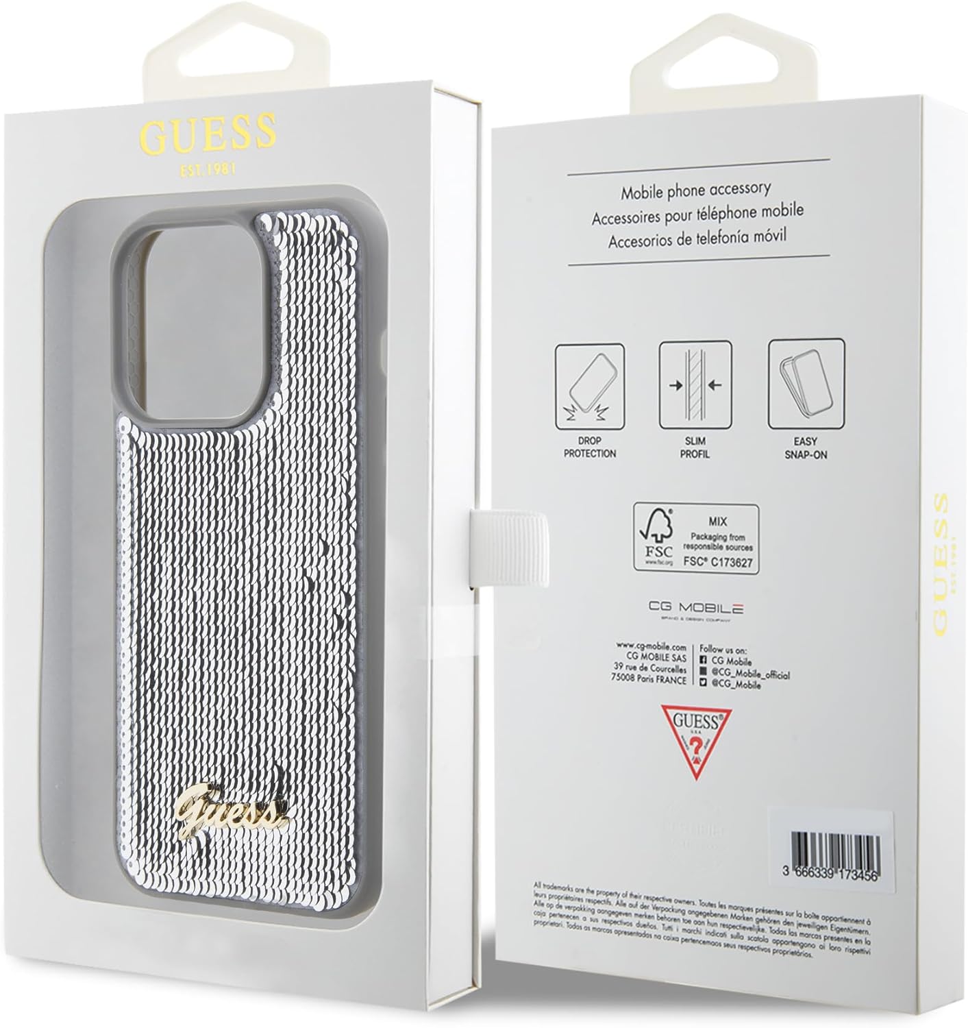 Guess iPhone 15 Pro Max - Sequin Script Metal Σκληρή Θήκη με Επένδυση από Παγέτες - Silver - GUHCP15XPSFDGSS