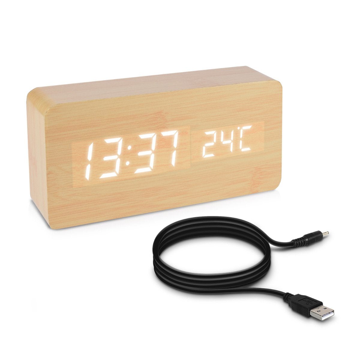 Kwmobile Digital Alarm LED Clock - Ψηφιακό Επιτραπέζιο Ρολόι και Ξυπνητήρι - Wooden Design - White LED - 38876