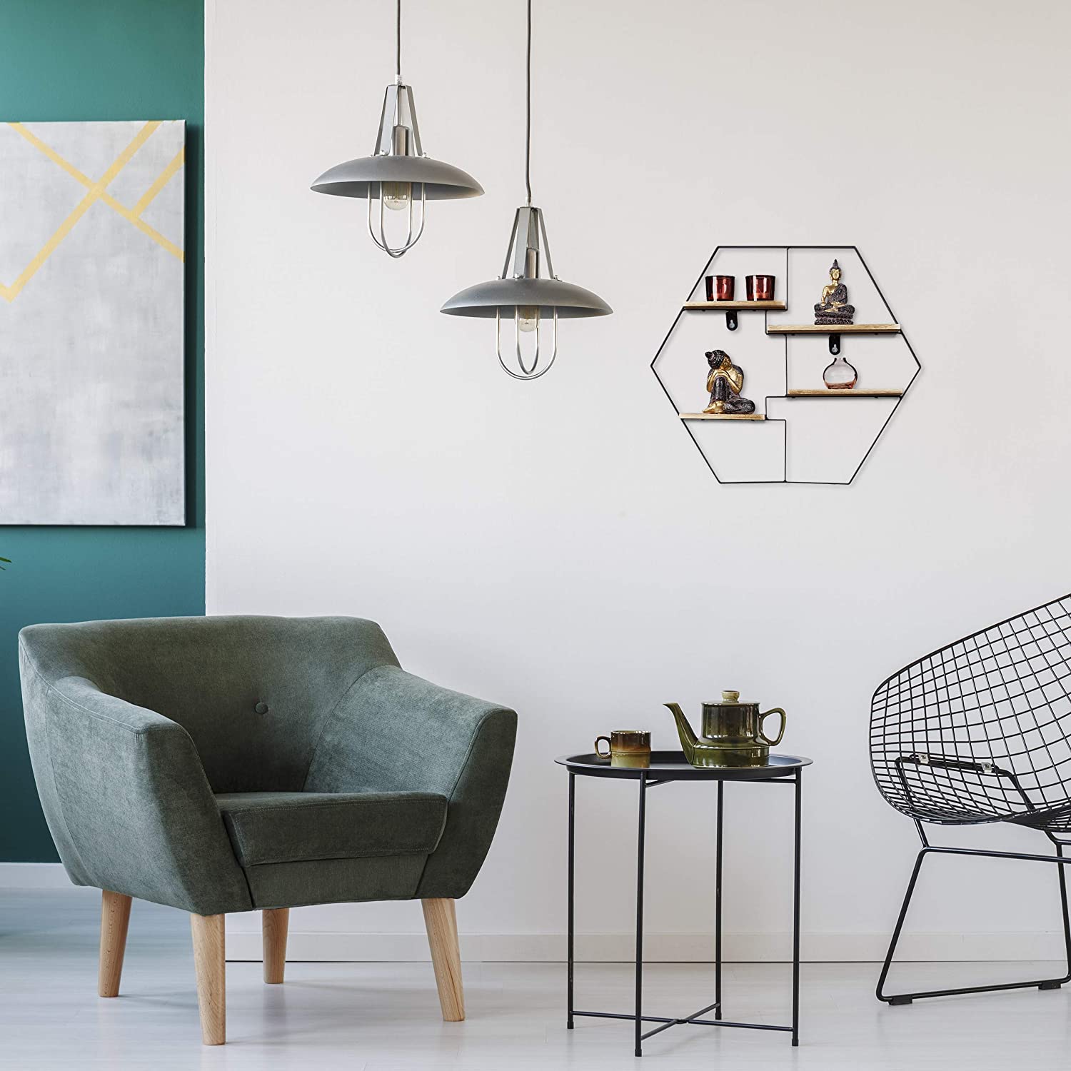 Relaxdays Διακοσμητικό Ράφι Τοίχου με 4 Διαμερίσματα σε Σχήμα Εξαγώνου - 52 x 60 x 12 cm - Natural - 4052025289294