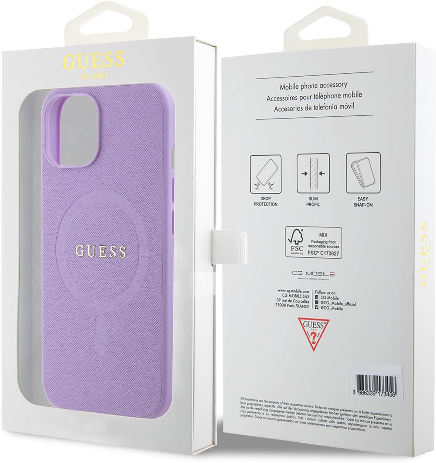 Guess iPhone 15 Saffiano MagSafe Σκληρή Θήκη με Πλαίσιο Σιλικόνης και MagSafe - Purple - GUHMP15SPSAHMCU