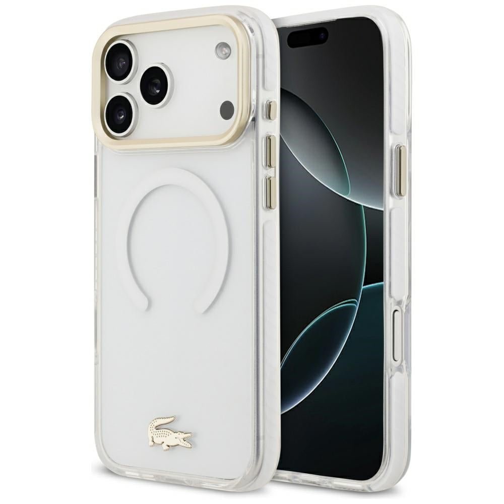 Lacoste iPhone 17 Pro Max - Shockproof Transparent Frosted Gold Logo MagSafe - Σκληρή Θήκη με Πλαίσιο Σιλικόνης - White