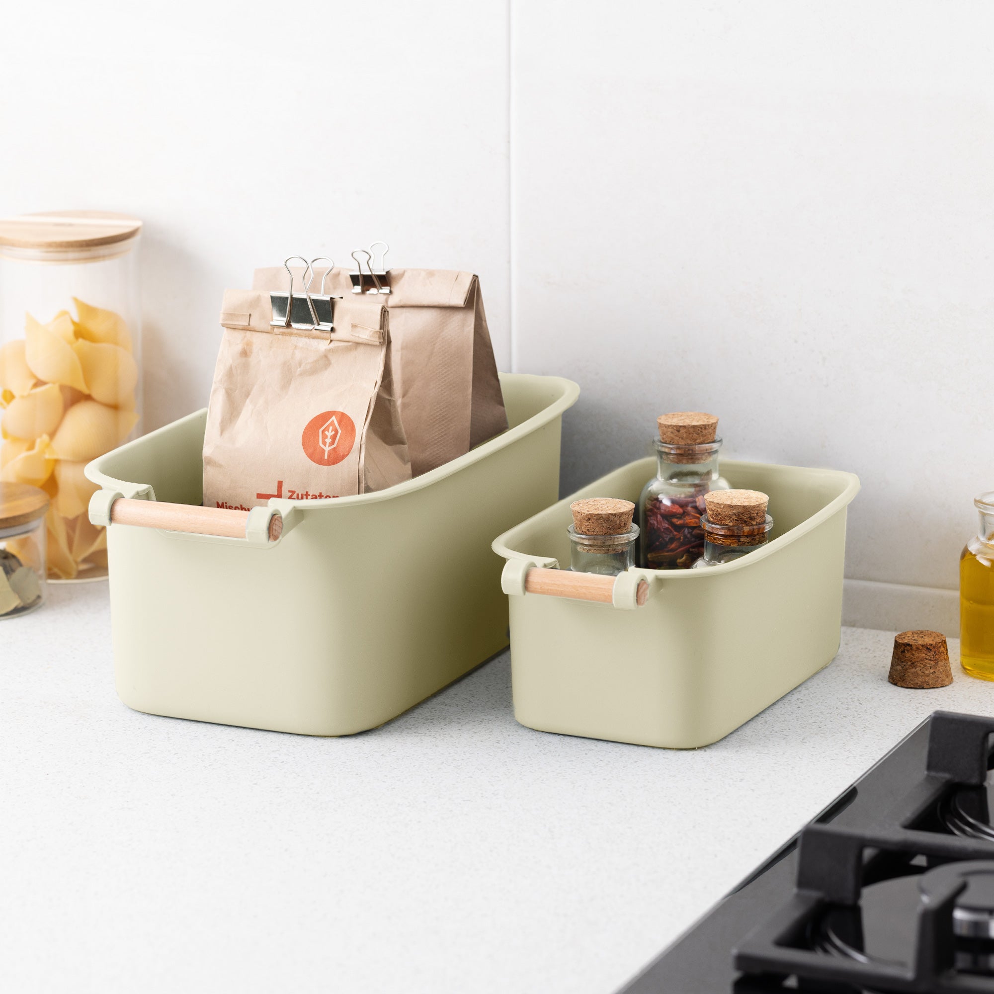 Navaris Σετ με 4 Πλαστικά Δοχεία Αποθήκευσης με Ξύλινη Λαβή - Cream - 56126.02 - likebrands.gr