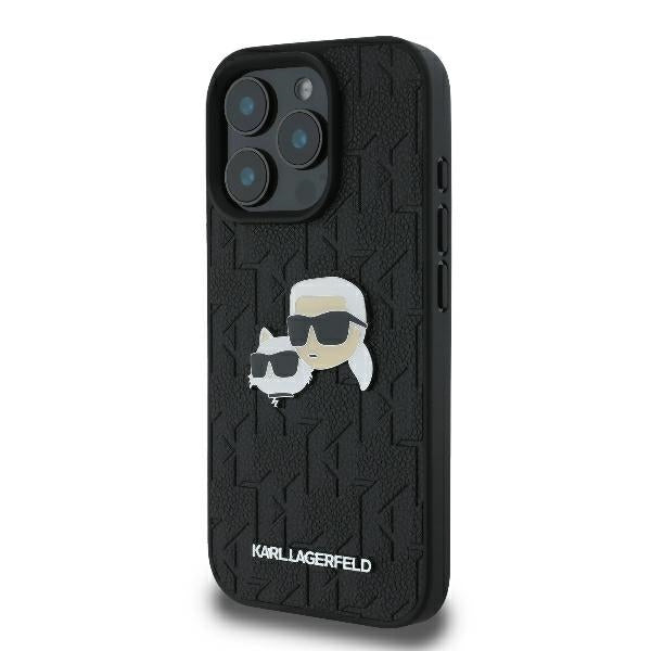 Karl Lagerfeld iPhone 16 Pro - Monogram Karl and Choupette Head Pin Σκληρή Θήκη με Επένδυση Συνθετικού Δέρματος - Black - KLHCP16LPGKLKCPK