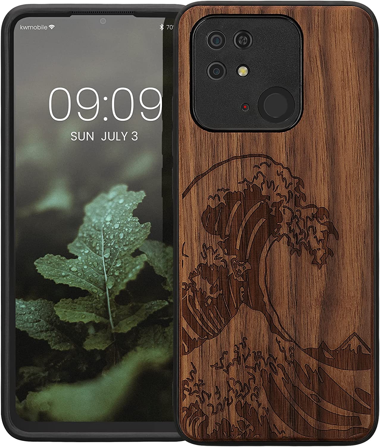 KW Xiaomi Redmi 10C Θήκη από Φυσικό Ξύλο - Design The Great Wave - Dark Brown - 59468.04