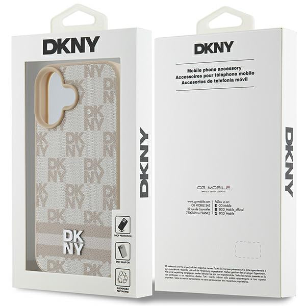 DKNY iPhone 16 - Checkered Pattern and Printed Stripes - Σκληρή Θήκη με Επένδυση Συνθετικού Δέρματος - Pink