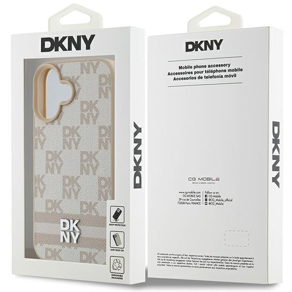 DKNY iPhone 16 - Checkered Pattern and Printed Stripes - Σκληρή Θήκη με Επένδυση Συνθετικού Δέρματος - Pink