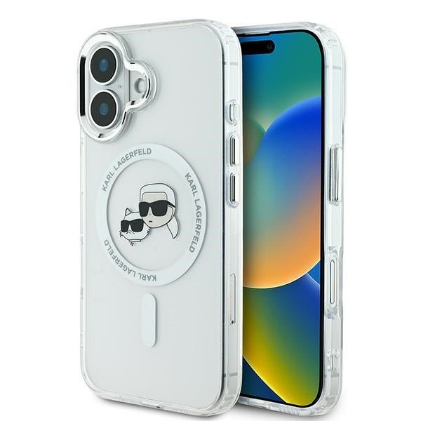 Karl Lagerfeld iPhone 16 - IML Metal Karl and Choupette Head - Σκληρή Θήκη με Πλαίσιο Σιλικόνης και MagSafe - White - KLHMP16SHLSKCH