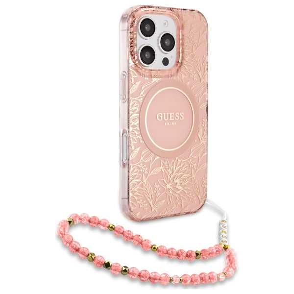 Guess iPhone 16 Pro - IML Flowers Allover Electro With Pearl Strap MagSafe - Σκληρή Θήκη με Πλαίσιο Σιλικόνης και Λουράκι - Pink - GUHMP16LHCPOFPP