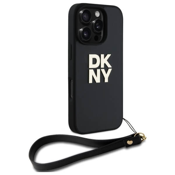 DKNY iPhone 16 Pro - Wrist Strap Stock Logo - Σκληρή Θήκη με Επένδυση Συνθετικού Δέρματος με Λουράκι - Black