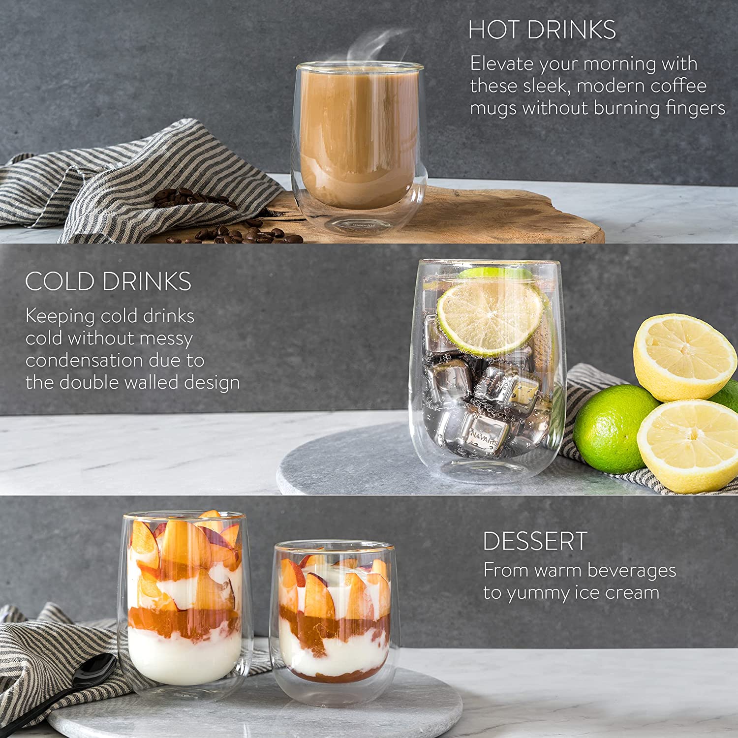 Navaris Double Walled Glass Mugs Set 4 Κούπες Διπλής Όψεως Από Γυαλί - 350ml - Διάφανη - 47547.01.2