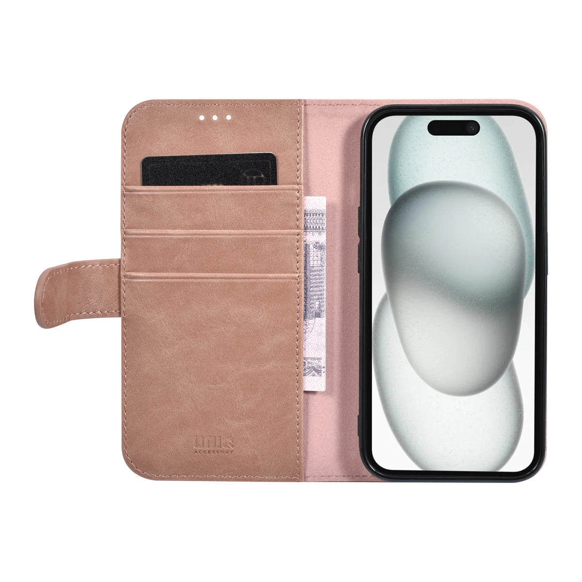 Tuniq iPhone 15 - Θήκη Πορτοφόλι από Δερματίνη με Stand - Ροζ