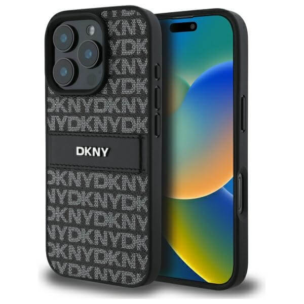 DKNY iPhone 16 Pro - Texture Pattern Tonal Stripe - Σκληρή Θήκη με Επένδυση Συνθετικού Δέρματος - Black