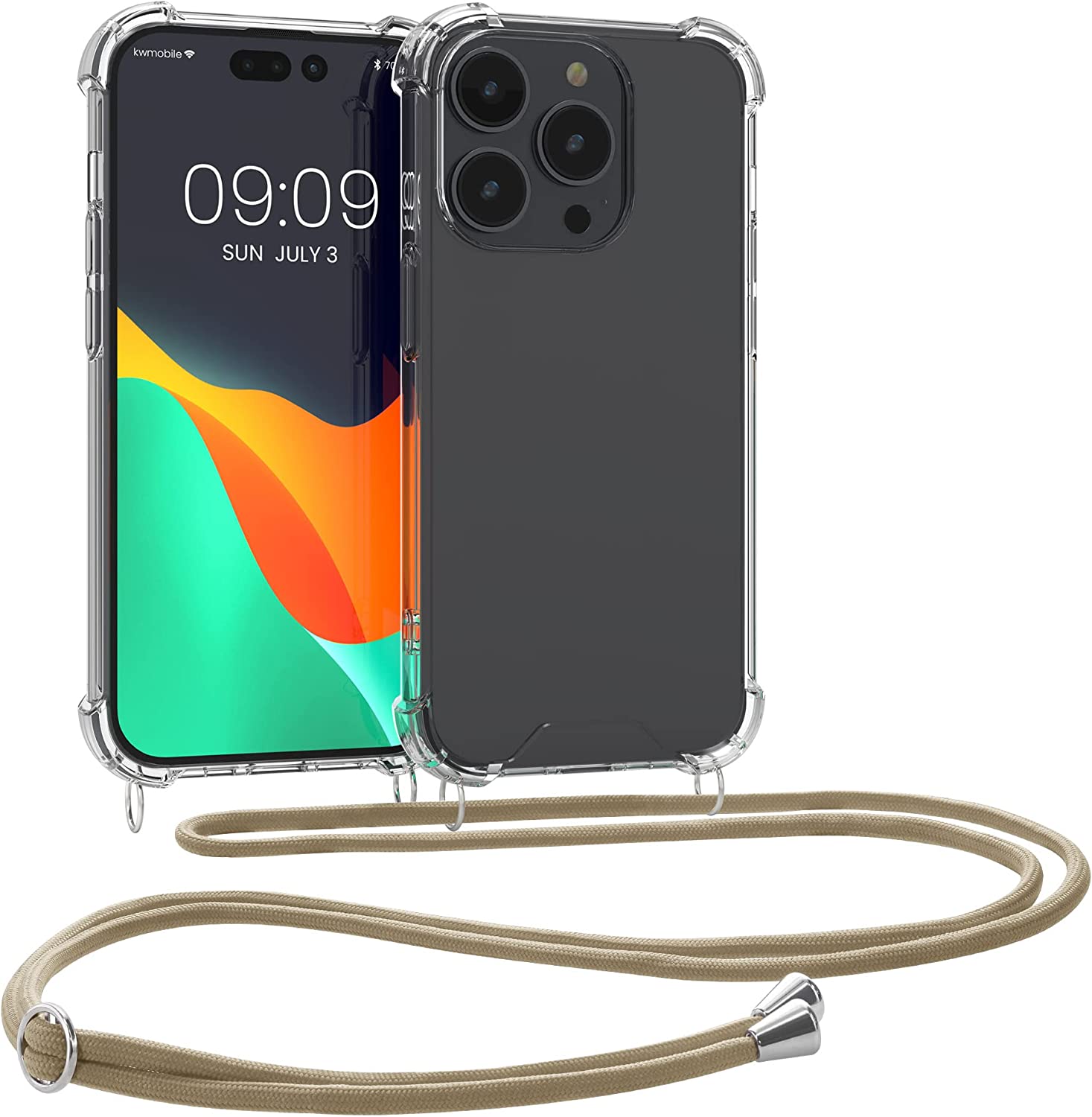 KW iPhone 14 Pro Θήκη Σιλικόνης TPU με Λουράκι - Διάφανη / Gold - 59110.21