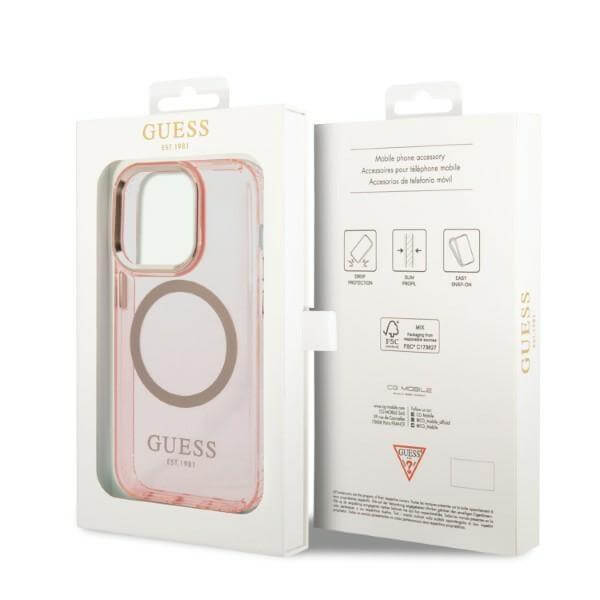 Guess iPhone 14 Pro Gold Outline Translucent MagSafe Σκληρή Θήκη με Πλαίσιο Σιλικόνης και MagSafe - Pink - GUHMP14LHTCMP
