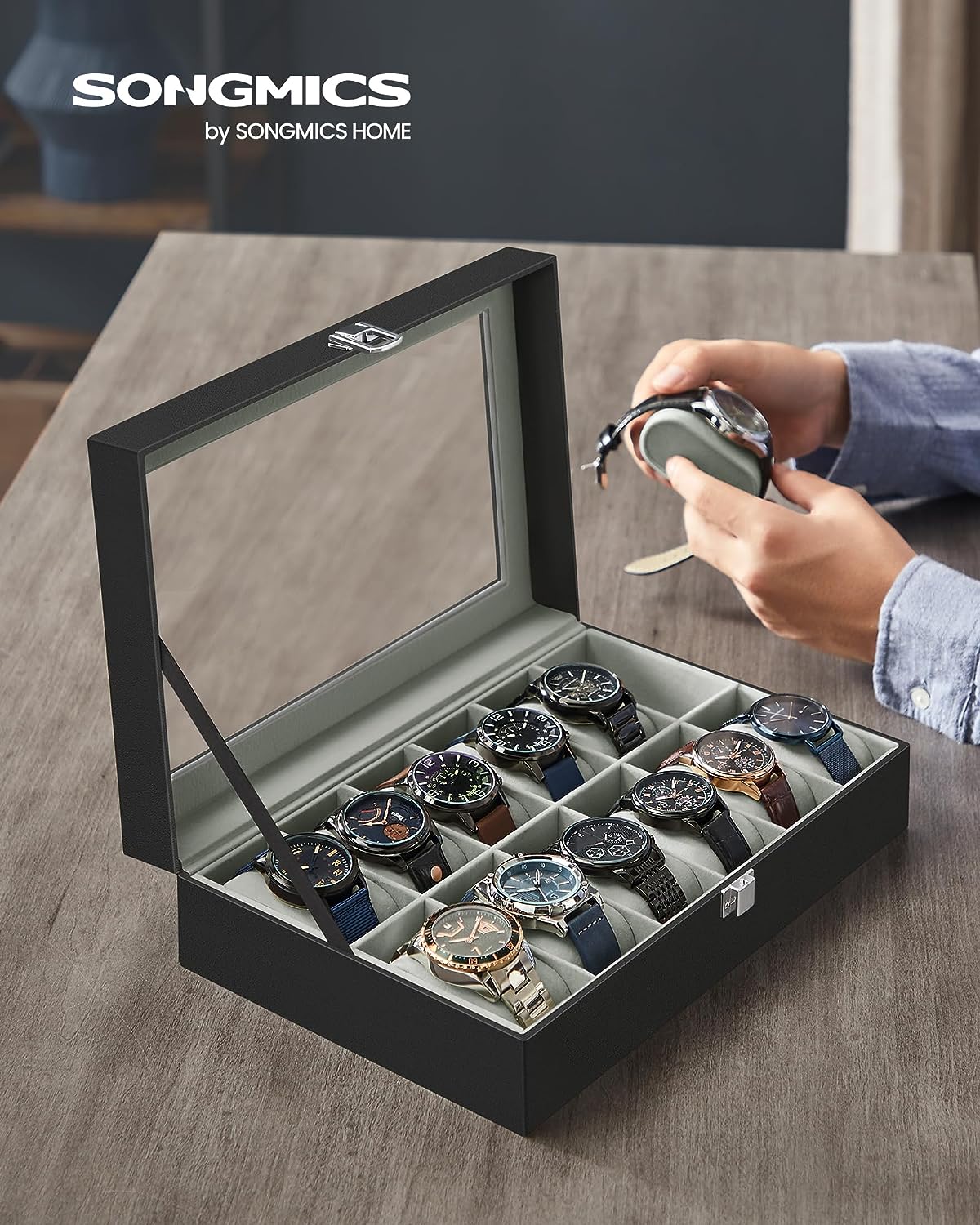 Songmics Θήκη Αποθήκευσης για 12 Ρολόγια - Grey - JWB12BK
