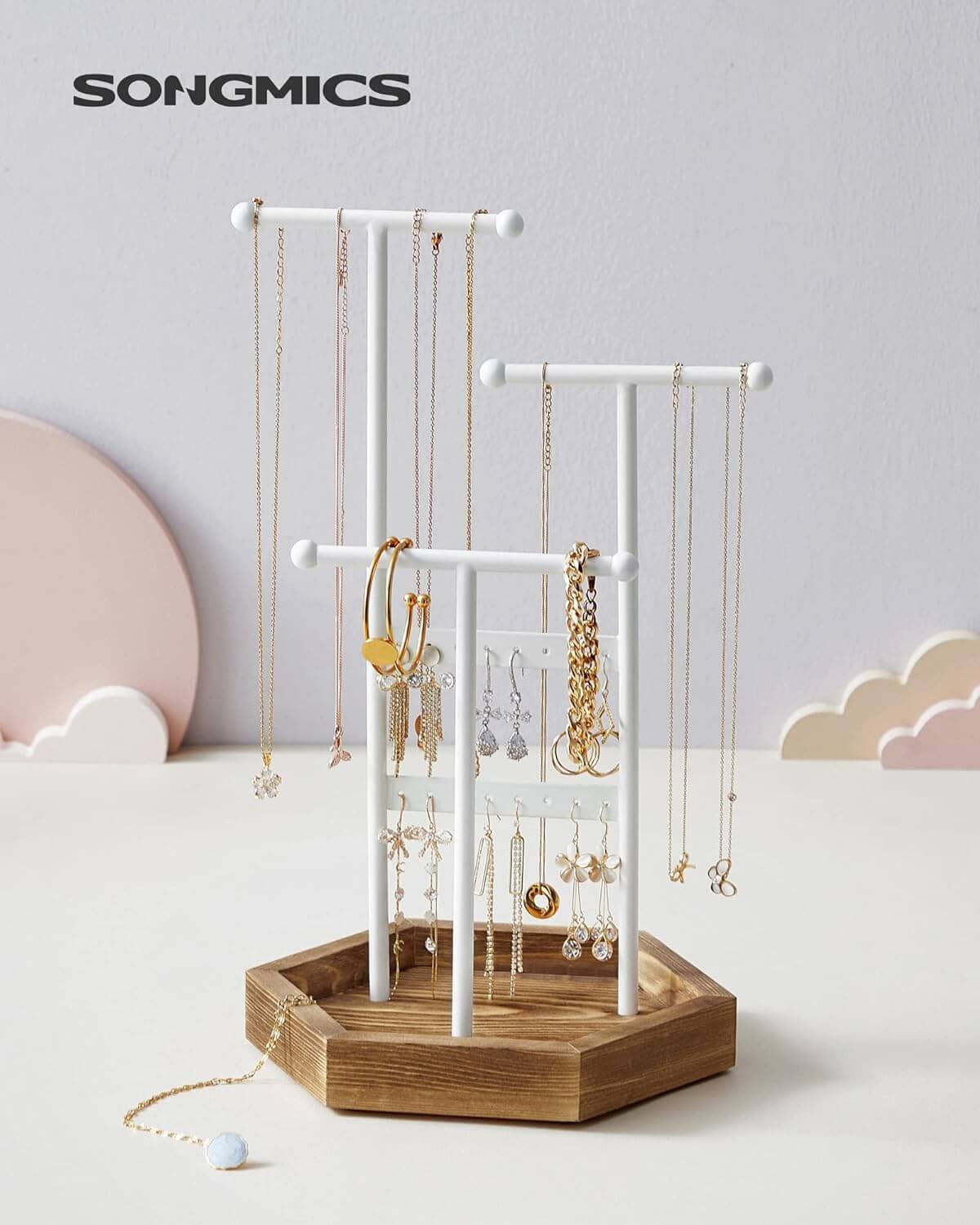 Songmics Μεταλλικό Stand Κοσμημάτων με Ξύλινη Βάση - White / Natural - JJS03NW