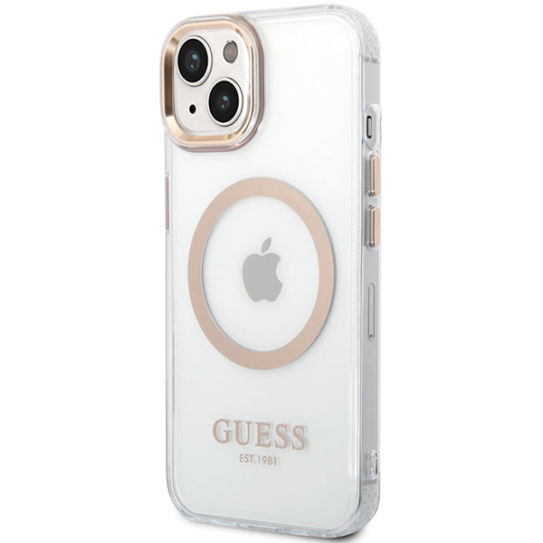 Guess iPhone 15 Plus / 14 Plus Metal Outline MagSafe Σκληρή Θήκη με Πλαίσιο Σιλικόνης και MagSafe - Gold - GUHMP15MHTRMD