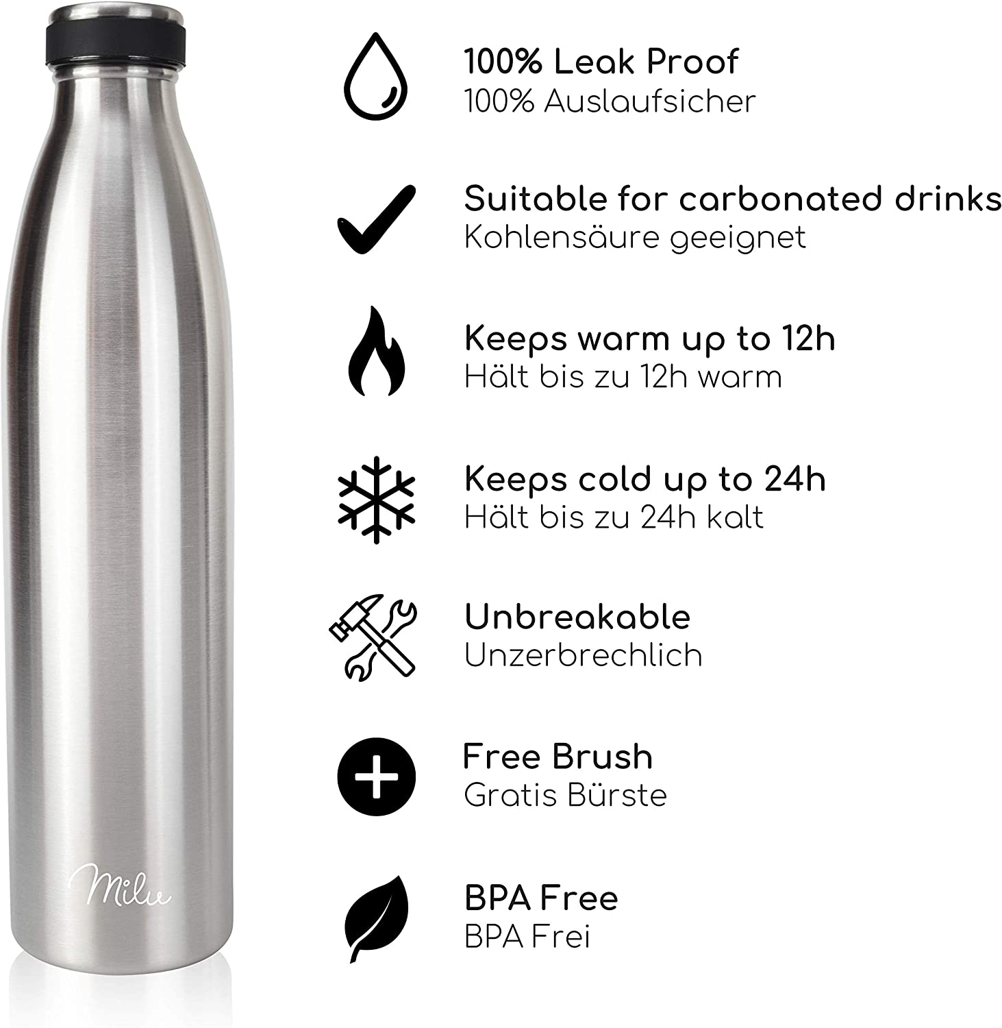 Milu T5 Stainless Steel Μπουκάλι Θερμός από Ανοξείδωτο Ατσάλι για Ζεστά και Κρύα Ροφήματα - 1000ml - Silver - 6499