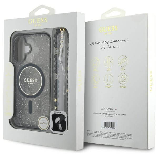 Guess iPhone 16 - IML Glitter With Pearl Strap MagSafe - Σκληρή Θήκη με Πλαίσιο Σιλικόνης και Λουράκι - Black - GUHMP16SHGCRELSK