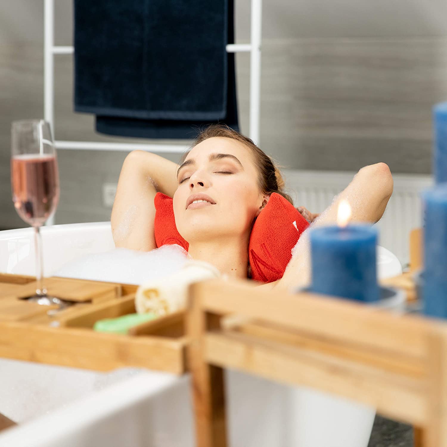 Relaxdays Βάση από Μπαμπού για τη Μπανιέρα με Θήκη για Ποτήρι και Stand Βιβλίου και Κινητού - Natural - 4052025221799