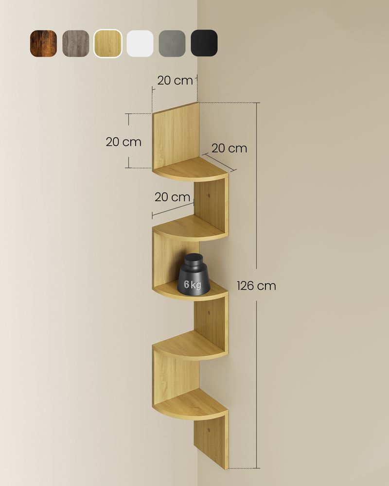 Vasagle Επιτοίχια Γωνιακή Ραφιέρα με 5 Ράφια - Natural Oak - LBC072Y70