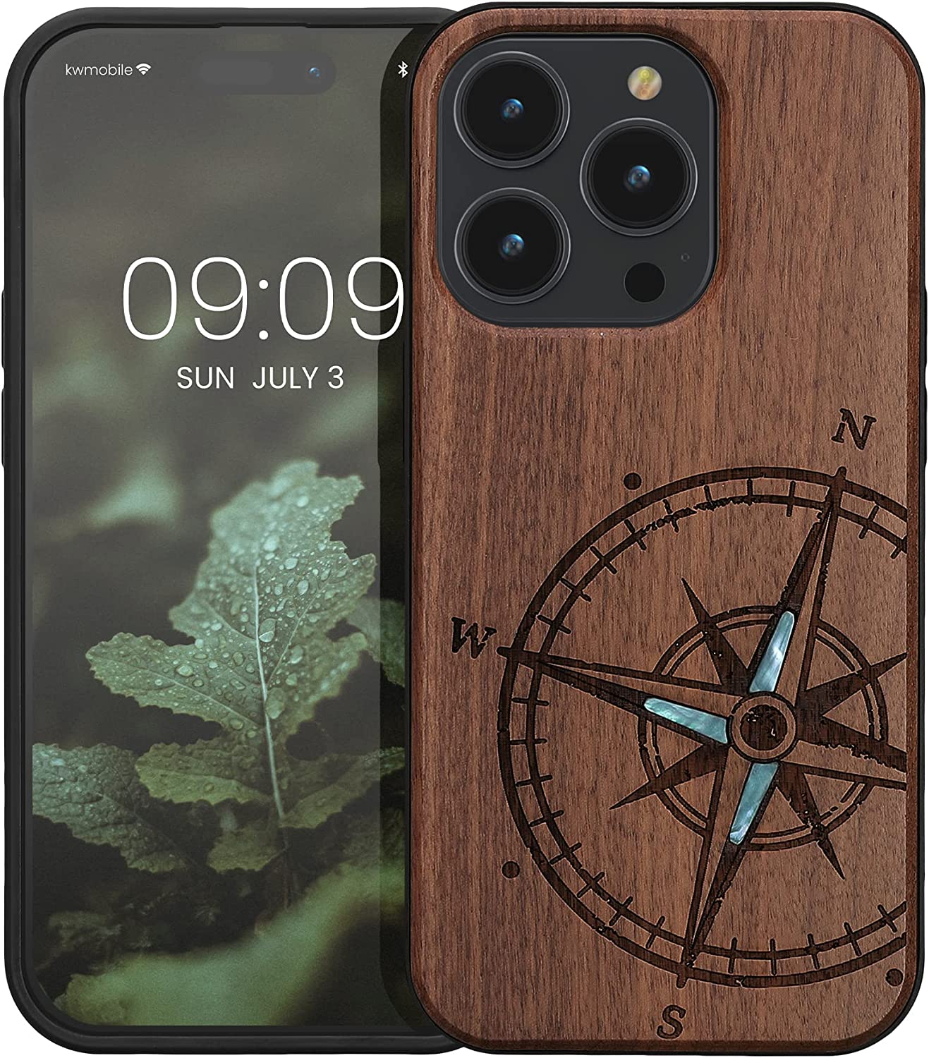 KW iPhone 14 Pro Θήκη από Φυσικό Ξύλο - Design Navigational Compass Mother of Pearl - Dark Brown - 59126.06