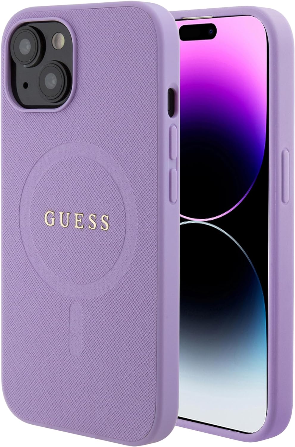 Guess iPhone 15 Saffiano MagSafe Σκληρή Θήκη με Πλαίσιο Σιλικόνης και MagSafe - Purple - GUHMP15SPSAHMCU