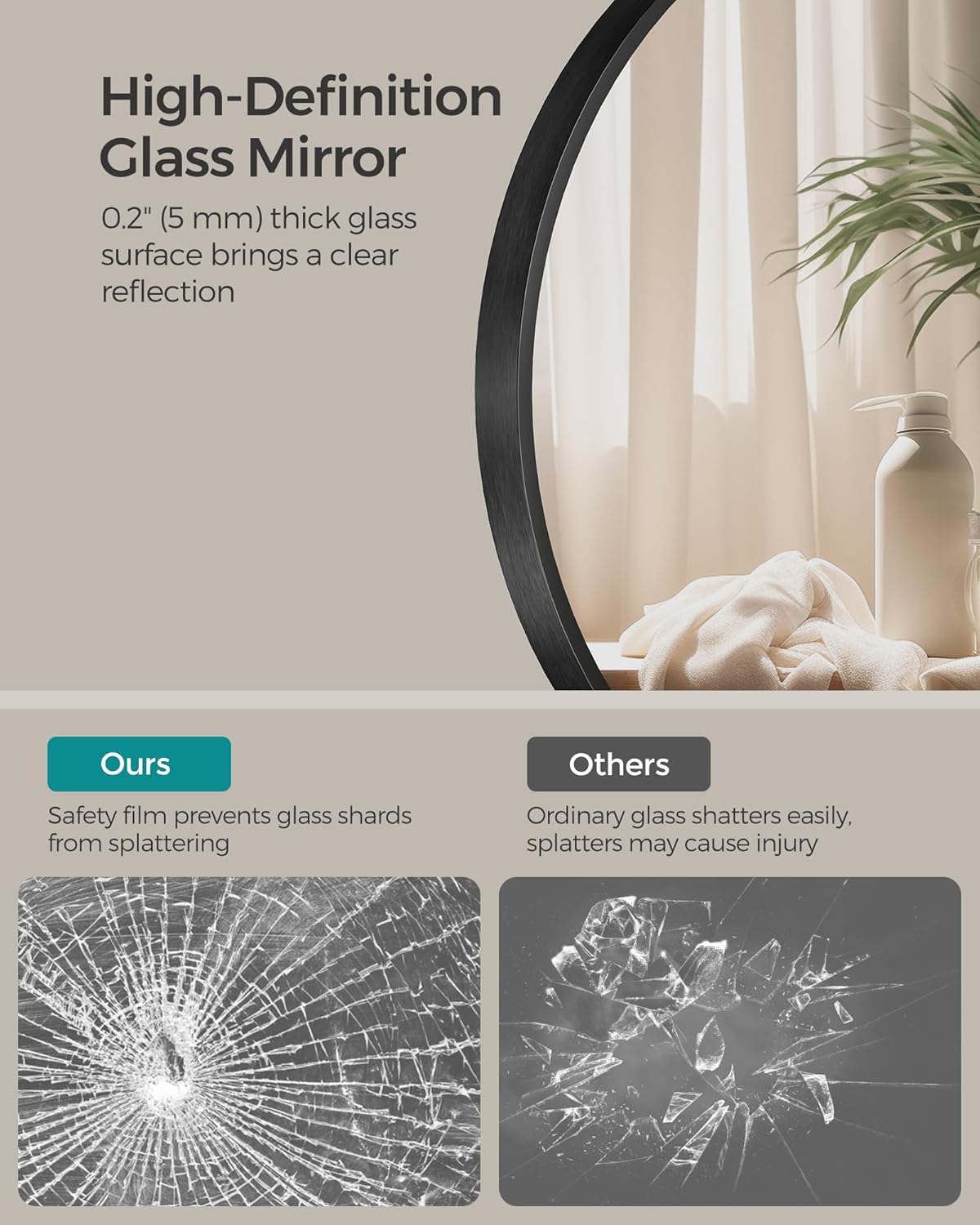 Songmics Στρογγυλός Καθρέφτης Τοίχου με Μεταλλικό Πλαίσιο - 61 cm - Black - LWM102B01