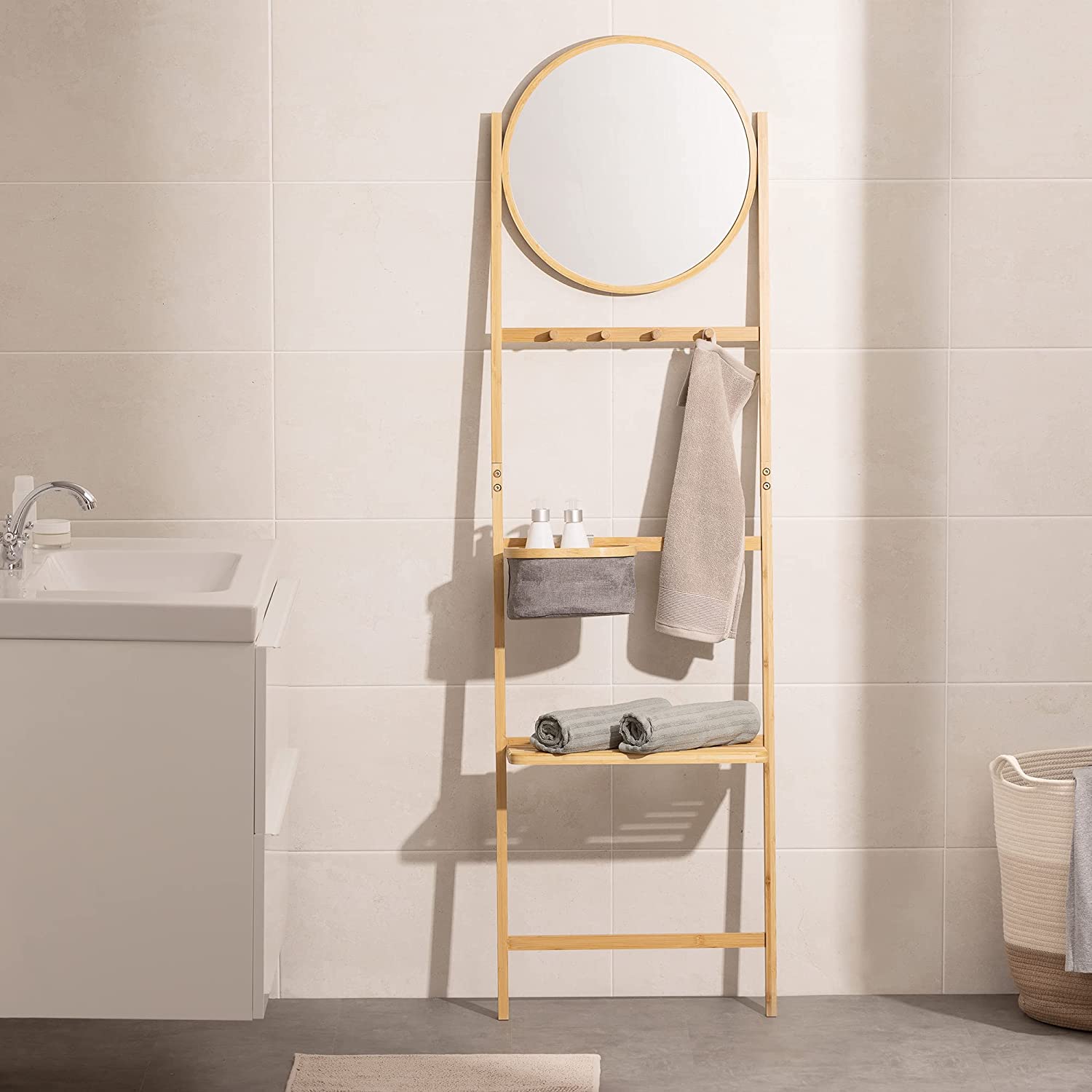 Navaris Κρεμάστρα από Μπαμπού για Πετσέτες με Καθρέφτη και Ράφι - Light Brown - 54181.01