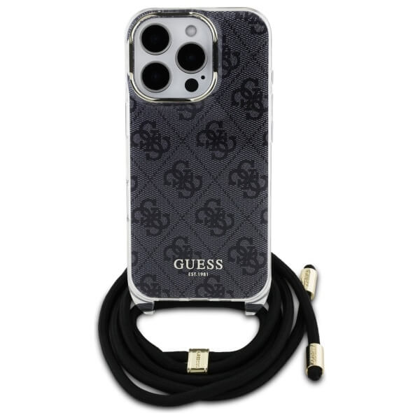 Guess iPhone 16 Pro Max - Crossbody Cord 4G Print - Σκληρή Θήκη με Πλαίσιο Σιλικόνης και Λουράκι - Black - GUHCP16XHC4SEK