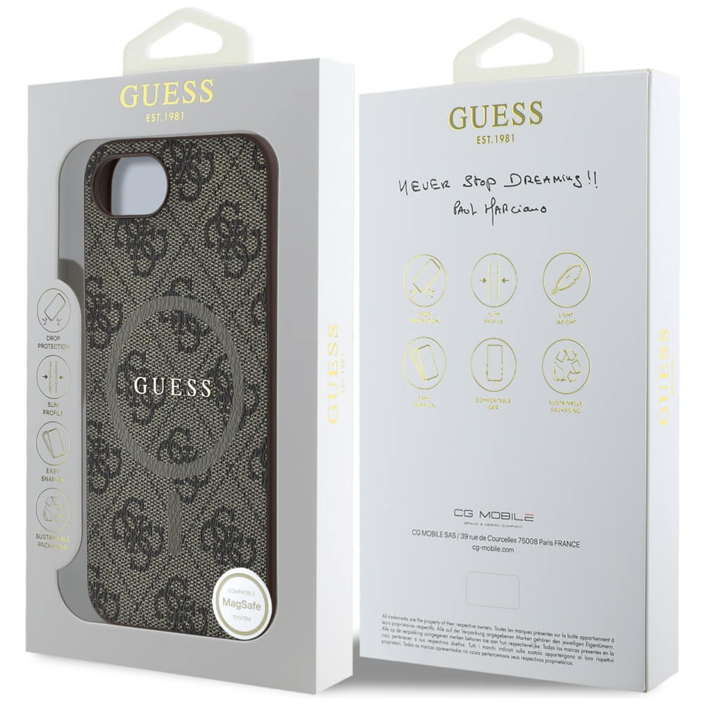 Guess iPhone 16e - 4G Ring Classic Logo - MagSafe Θήκη με Επένδυση Συνθετικού Δέρματος - Brown - GUHMPSE4G4GFRW