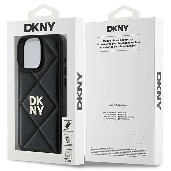 DKNY iPhone 16 Pro Max - Quilted Stack Logo Σκληρή Θήκη με Επένδυση Συνθετικού Δέρματος - Black