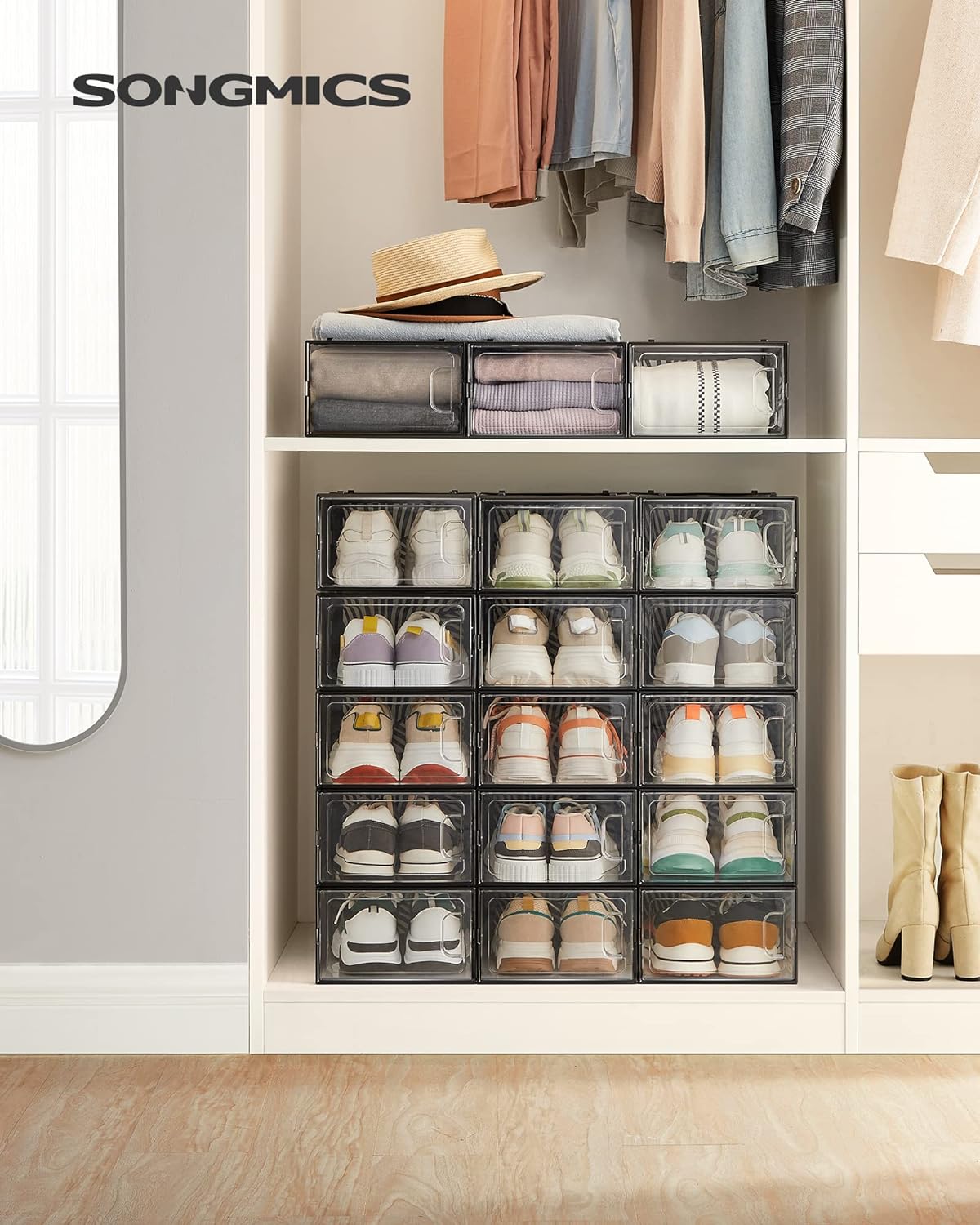 Songmics Σετ με 18 Πλαστικά Κουτιά Αποθήκευσης Υποδημάτων - Black / Διάφανα - LSP106B18