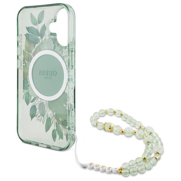 Guess iPhone 16 Plus - IML Flowers With Pearl Strap MagSafe - Σκληρή Θήκη με Πλαίσιο Σιλικόνης και Λουράκι - Green - GUHMP16MHFWBRCESN
