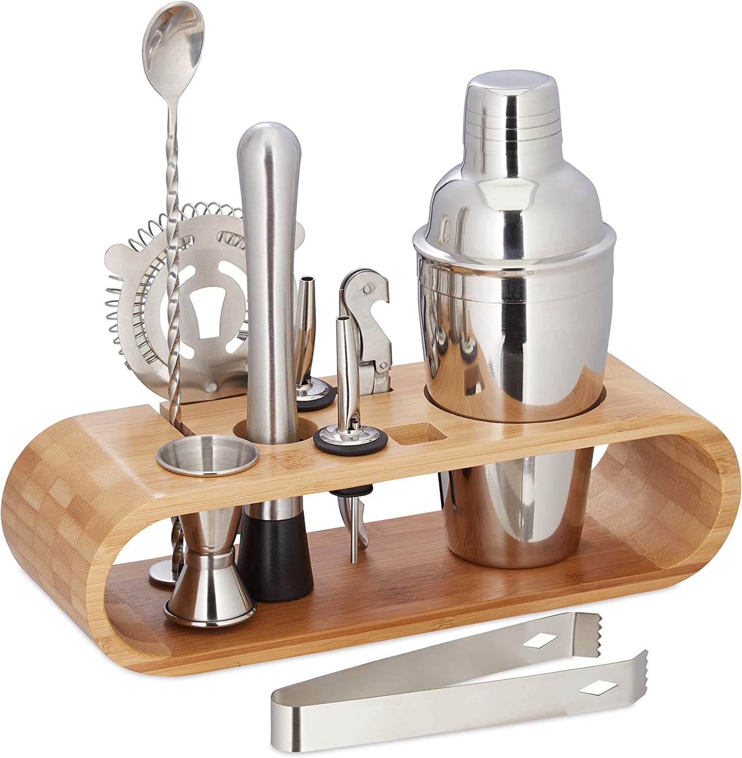 Relaxdays Σετ Κοκτέιλ 9 Τεμαχίων από Ανοξείδωτο Ατσάλι με Βάση από Μπαμπού - Silver / Natural - 4052025259488