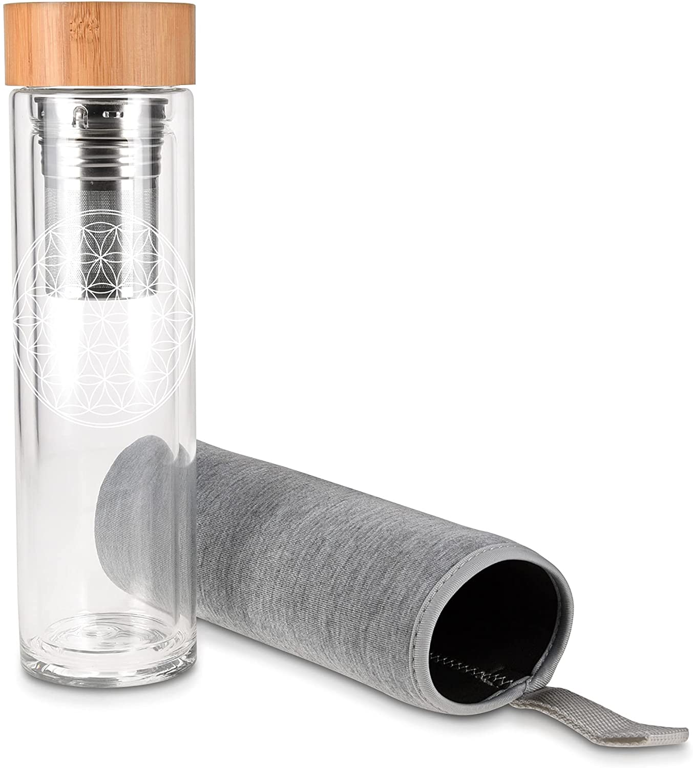 Navaris Γυάλινο Μπουκάλι Τσαγιού με Θήκη μεταφοράς - 450ml - Design Flower of Life - Clear - 45888.1.07