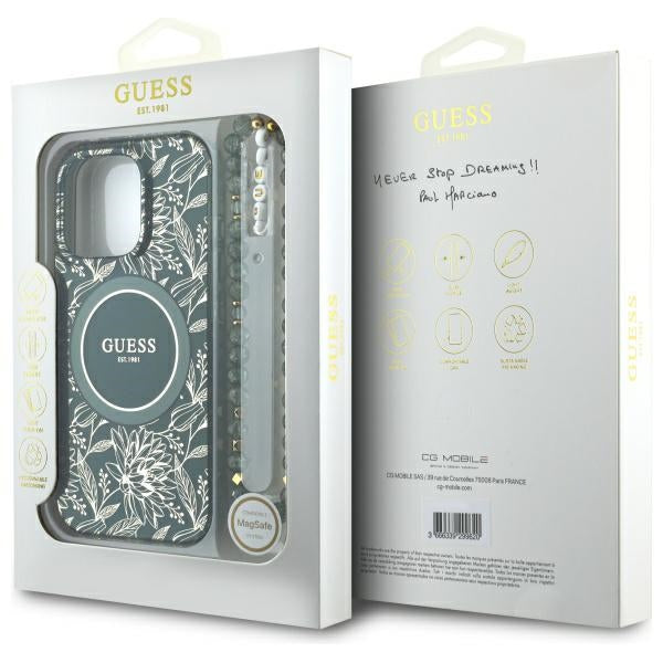 Guess iPhone 16 Pro Max - IML Flowers Allover Electro With Pearl Strap MagSafe - Σκληρή Θήκη με Πλαίσιο Σιλικόνης και Λουράκι - Green - GUHMP16XHCPOFPA