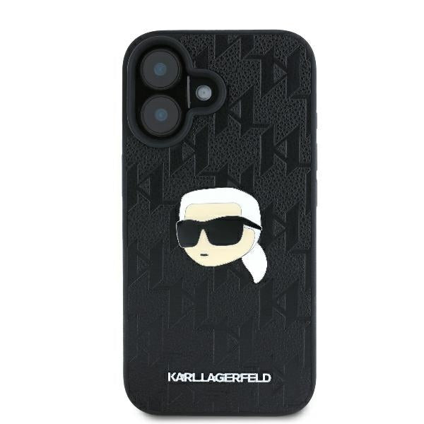 Karl Lagerfeld iPhone 16 - Monogram Karl Head Pin Σκληρή Θήκη με Επένδυση Συνθετικού Δέρματος - Black - KLHCP16SPGKLKIPK