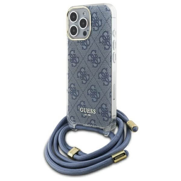 Guess iPhone 16 Pro Max - Crossbody Cord 4G Print - Σκληρή Θήκη με Πλαίσιο Σιλικόνης και Λουράκι - Blue - GUHCP16XHC4SEB