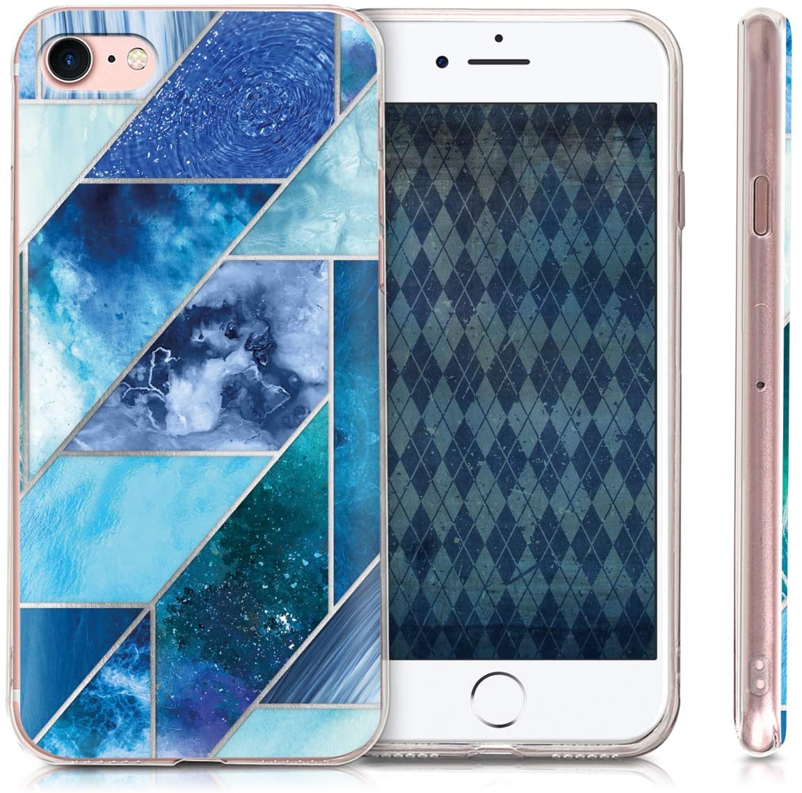 KW iPhone SE 2022 / SE 2020 / 7 / 8 Θήκη Σιλικόνης TPU Design Geometric Patterns - Blue / Turquoise / Silver - 46227.30