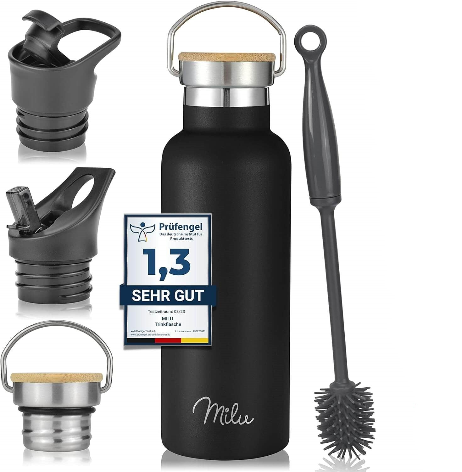 Milu T6 Μπουκάλι Θερμός από Ανοξείδωτο Ατσάλι 3 σε 1 - 500ml - Black Matt - 5001